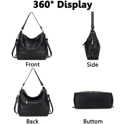 Hobo Bags for Women,VONXURY Faux Leather Tote Purse Ladies Handbag Large Shoulder Bags with Side Pockets for Work Travel,Black