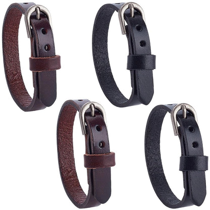 CALFOVERA 4PCS Genuine Leather Wristband Bracelet Retro Adjustable 2 Colors Simple Alloy Buckle Bangle Cowhide Leather Stirrup Straps Cuff Bracelet Jewelry for Men Women Daily Party