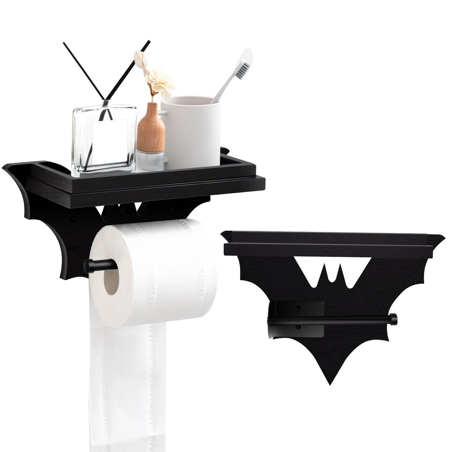 Chunful Bat Toilet Paper Holder with Shelf Gothic Creepy Wooden Black Paper Roll Holder Wall Mount Gothic Christmas Halloween Decor for Bathroom
