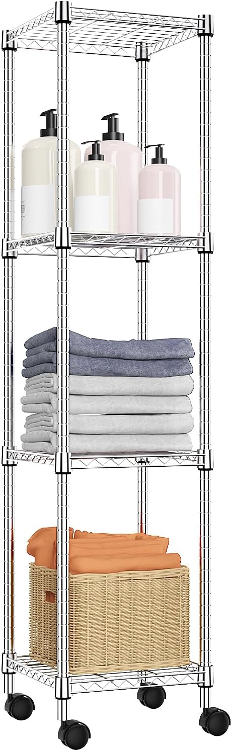 M MZG Storage Shelves Adjustable, 4 Tier Shelving Units for Storage with Wheels, Corrosion Resistant Wire Shelving Unit for Kitchen Closet Bathroom Office, Chrome 11.8" D x 11.8" W x 48.1" H