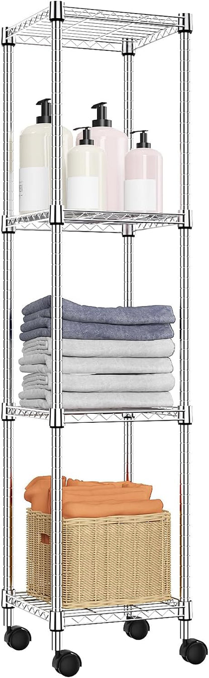 M MZG Storage Shelves Adjustable, 4 Tier Shelving Units for Storage with Wheels, Corrosion Resistant Wire Shelving Unit for Kitchen Closet Bathroom Office, Chrome 11.8" D x 11.8" W x 48.1" H