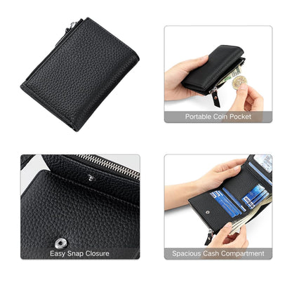 Mudono Women’s Wallet Small Genuine Leather Credit Card Holder RFID Blocking Tri-Fold Wallet With ID Window and Zipper Pocket