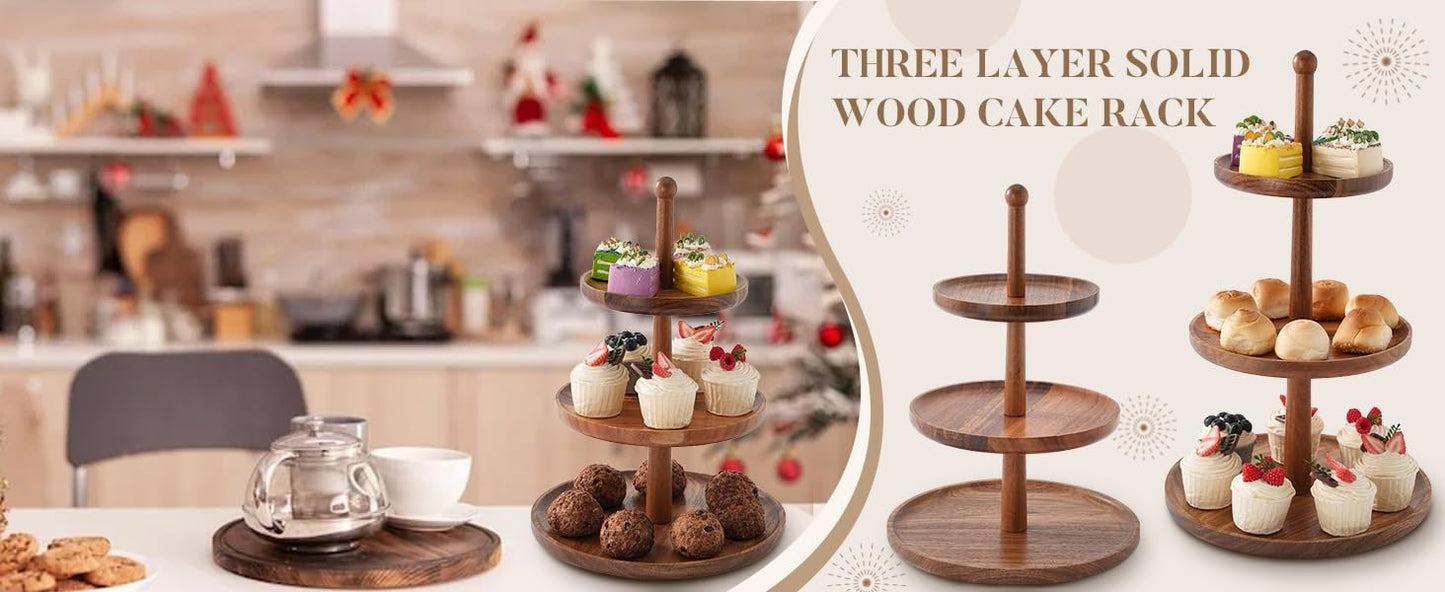 BURMAN Cupcake Stand Dessert Table Display Set – 2 in 1 Adjustable Height Rustic Natural Acacia Cupcake Holder Round Wood Tray – Three Tiered Serving Stand with Rotating Wheels, Anti Slip Stickers