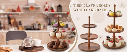 BURMAN Cupcake Stand Dessert Table Display Set – 2 in 1 Adjustable Height Rustic Natural Acacia Cupcake Holder Round Wood Tray – Three Tiered Serving Stand with Rotating Wheels, Anti Slip Stickers