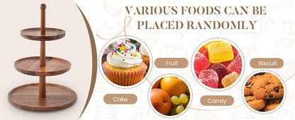 BURMAN Cupcake Stand Dessert Table Display Set – 2 in 1 Adjustable Height Rustic Natural Acacia Cupcake Holder Round Wood Tray – Three Tiered Serving Stand with Rotating Wheels, Anti Slip Stickers