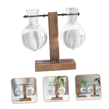 Kisangel Hydroponic Glass Flower Vase with Wooden Stand 2pcs Planter Pot for Indoor Plants Modern Terrarium for Home and Office Decoration