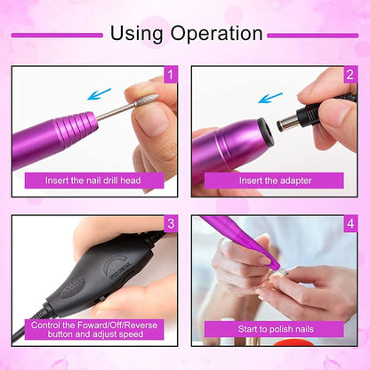 Portable Electric Nail Drill File Machine with Acrylic Nail Kit Set Professional 20000rpm Manicure Pedicure with Sanding Bands Brush for Nail Art Gel Nail Polish Tips Clippers