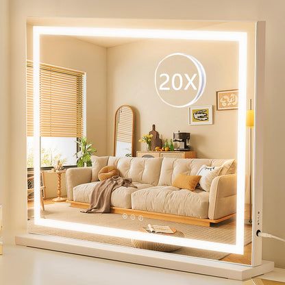 HIEEY Lighted Makeup Mirror, Hollywood Vanity Mirror with Lights, Three Color Lighting Modes, and 5X Magnification Mirror, Smart Touch Control, 360°Rotation (17.3in,White,Gift Box)