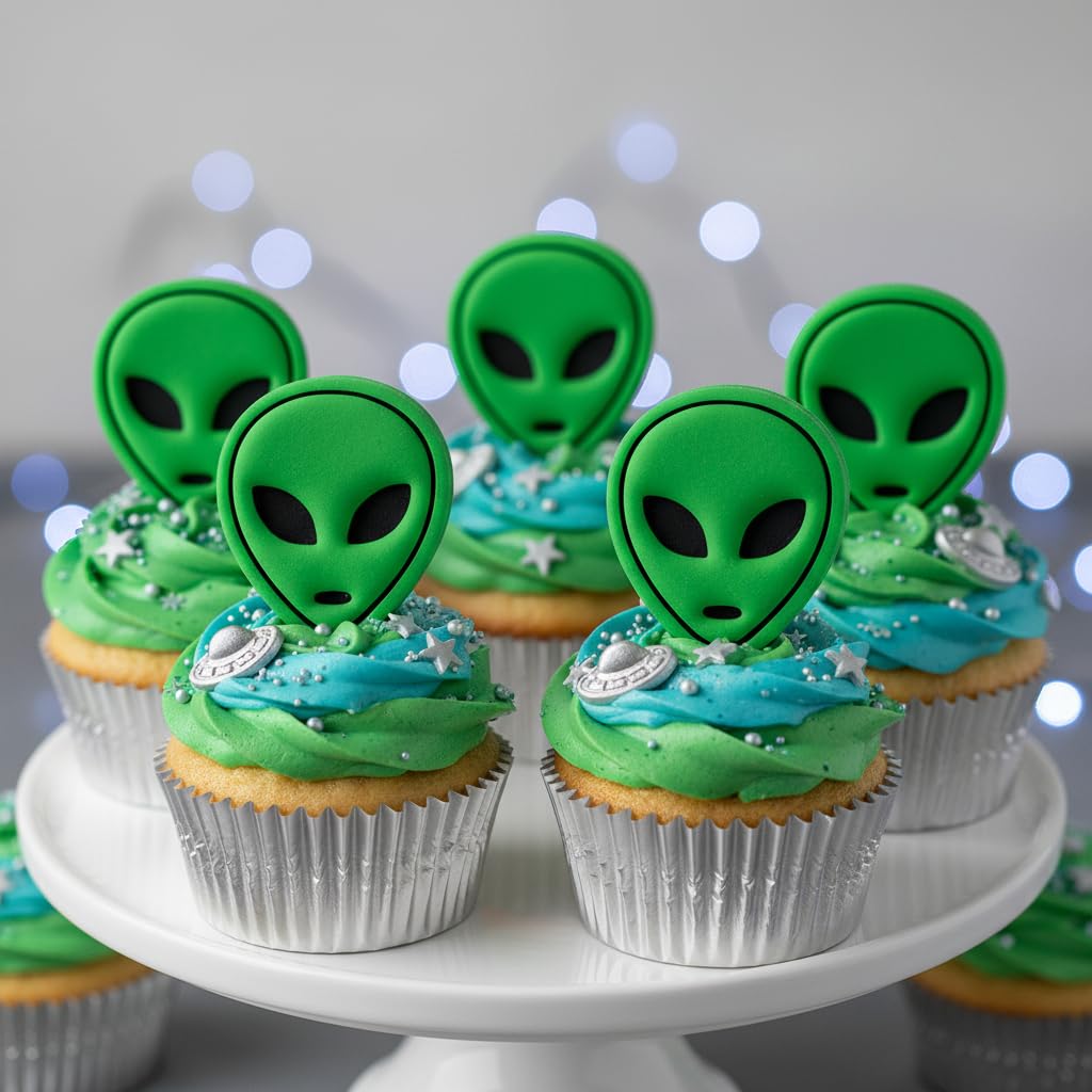BAKERLOGY Alien Mini Cookie Cutter and Stamp Set – UFO Extraterrestrial Biscuit Fondant Embosser for Sci-Fi Space Theme Baking, Halloween Party Cupcake Decoration