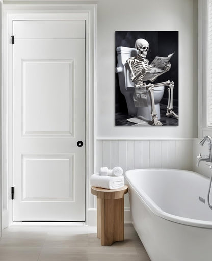 Canvas Wall Art Bathroom Decor Skeleton Sitting on Toilet Reading the Newspaper Picture Funny Skull Painting Modern Artwork for Home Decor Framed(Art-1,16.00"x24.00")