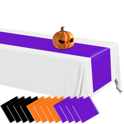 12 Pack Plastic Table Runners 14 x 108in Orange Black Purple Long Table Runner Disposable Tables Runners for Dinner Banquet Tables Decor Wedding Birthday Halloween Witch Vampire Party Decor