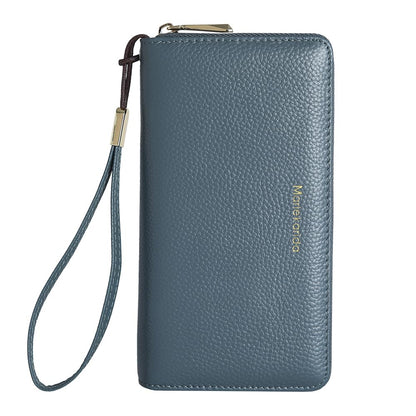 Fashionable long RFID leather women's wallet, large capacity multi slot phone case, zipper closure, detachable wrist strap, hand-held wallet (Light Blue)