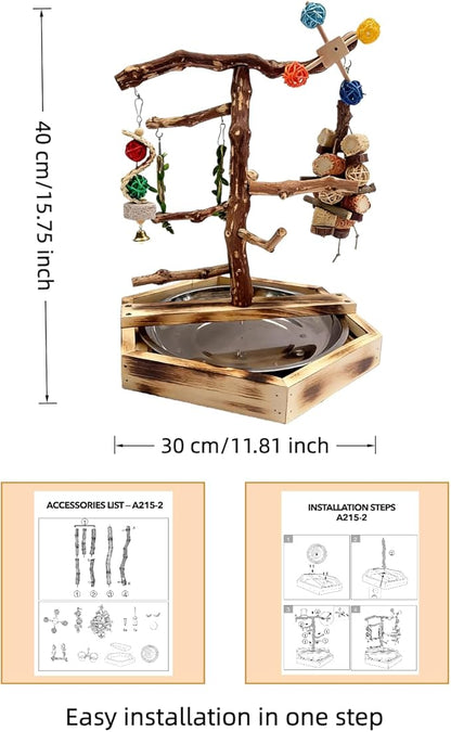 Wooden Bird Play Stand for Parakeets & Cockatiels, Natural Wood Perch Gym with Hanging Toys, Removable Metal Tray, Multi-Level Bird Playground for Small to Medium Birds