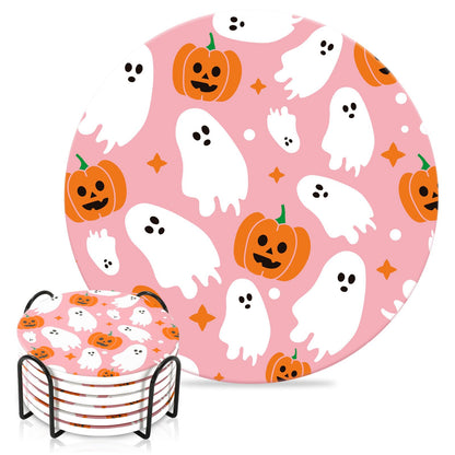 JarThenaAMCS 6 Pcs Halloween Coaster with Holder Pumpkin Ghost Anti Slip Cup Mat Pink White Orange Absorbent Ceramic Drink Coasters for Home Decor Table Protection