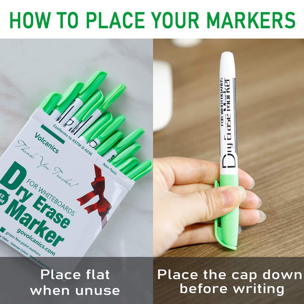 Volcanics Green Dry Erase Markers Low Odor Fine Whiteboard Markers Thin Box of 12