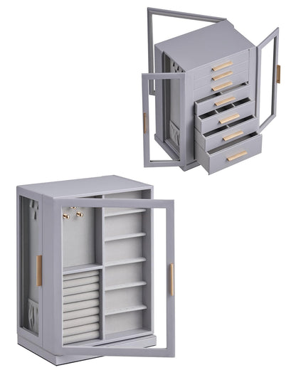 Glimmloop 360° Rotating Jewelry Box with 7 Drawers, Spacious Vertical Jewelry Organizer with Glass Window, Jewelry Storage Case, Dustproof & Moisture-resistant Design, Grey