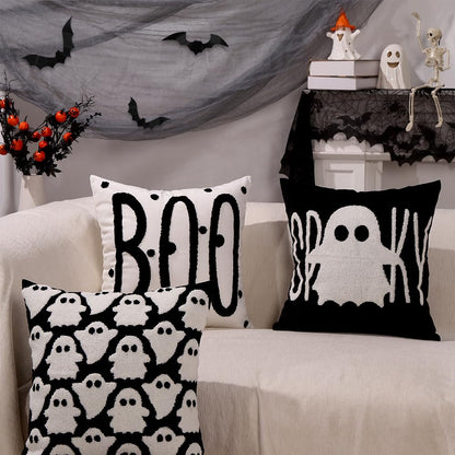 Heirloom Haven Halloween Ghosts Embroidered Throw Pillow Covers Set of 4,Polka Dot Spooky Boo Pillow Case Holiday Farmhouse Cushion Case Decoration for Sofa Couch 18 x 18 Inch