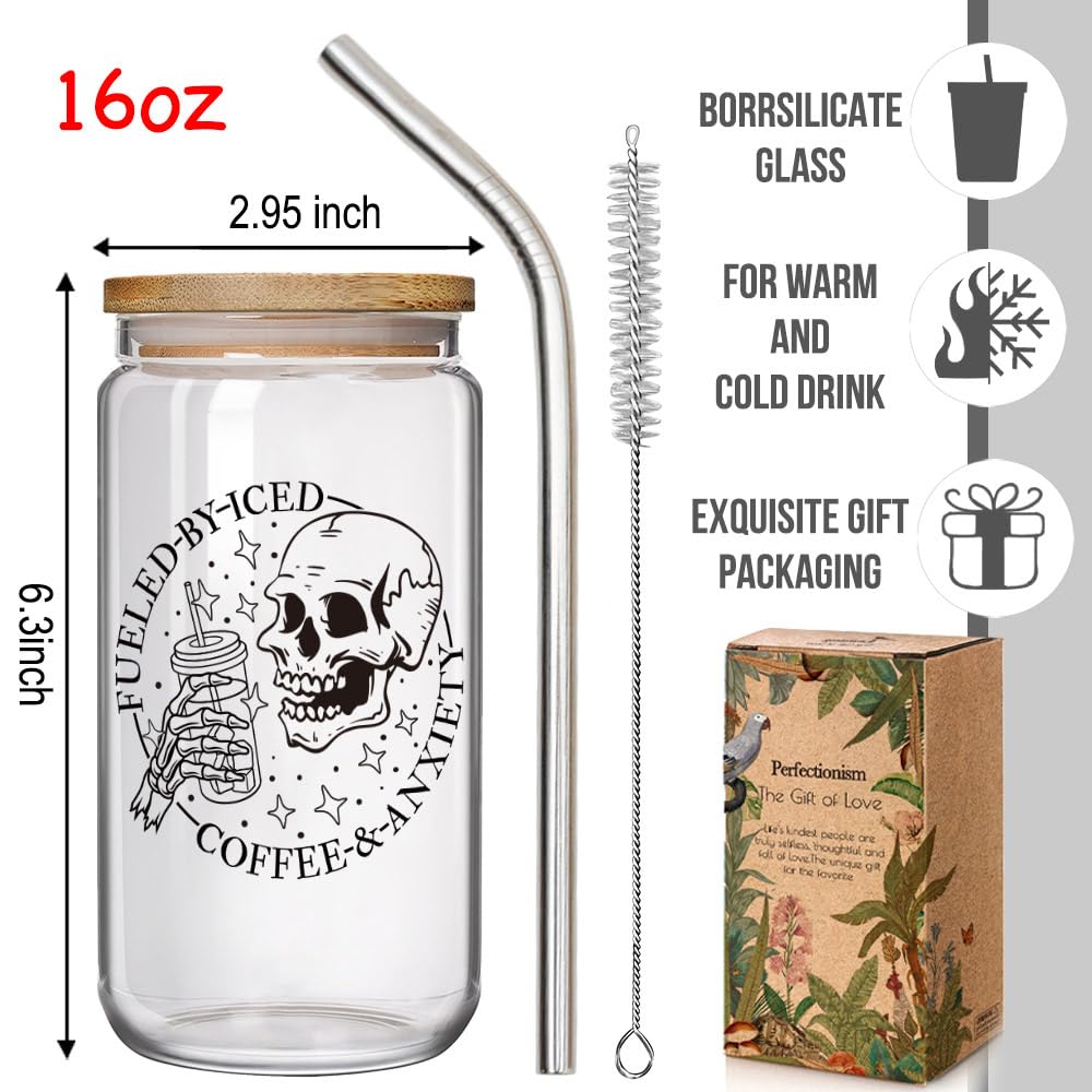 Enanaimg Fueled by Iced Coffee and Anxiety Skull 16 oz Coffee Mug with Lids and Straws, Skeleton Cup, Skull Gifts for Women, Funny Witchy Skeleton Gifts for Women, Friend, Sister, Mom