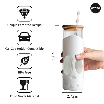 OTOTO NEW Bonesy Glass Tumbler with Straw and Lid - 16.90oz Cute Water Bottle Tumblers, Goth Accessories, Spooky Gifts, Halloween, Skull Glass Cup with Lid and Straw, Goth Gifts (White)