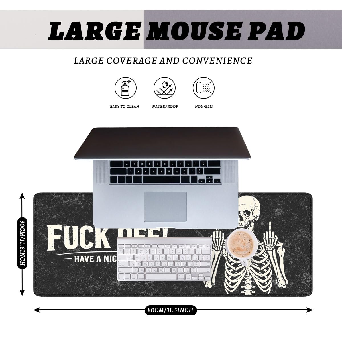 Funny Skeleton Mouse Pad Gothic Sarcastic Skull Halloween Extended Mousepad Waterproof Stitched Edges Rubber Base Non-Slip Deskmap Computer Keyboard Mat 31.5x11.8 Inch