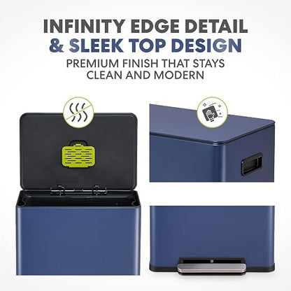 Simpli-Magic Infinity Edge 60 Liter / 16 Gallon Rectangular Hands-Free Extra Large Kitchen Step Trash Can, Soft-Close Single Lid Recycling Bin, Stainless Steel, Blue, 79683