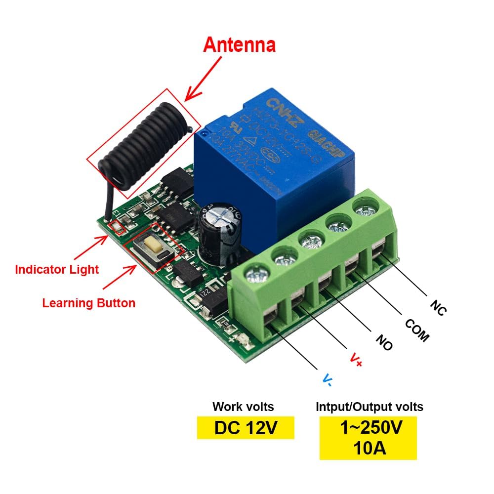 QIACHIP 433Mhz Universal Wireless Remote Control Switch DC 12V 1CH Relay Receiver Module RF Transmitter Momentary Toggle Latch for Gate Door Open,LED,Pump,Car(Transmitters 2 Button+ 1 Receiver 1CH)