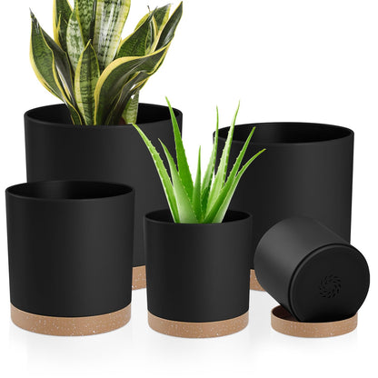 YNNICO Plant Pots with Drainage Holes and Saucers – 7, 6.5, 6, 5, 4 Inch Plastic Planters for Indoor Outdoor Plants, Modern Matte Finish, Lightweight & Durable（Black）
