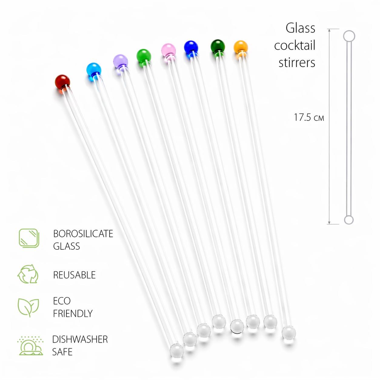 GET FRESH Glass Cocktail Stirrers Set – 8pcs Reusable Long Coloured Borosilicate Glass Swizzle Sticks for Cocktails and Drinks