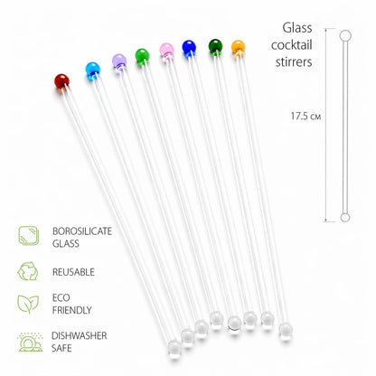 GET FRESH Glass Cocktail Stirrers Set – 8pcs Reusable Long Coloured Borosilicate Glass Swizzle Sticks for Cocktails and Drinks