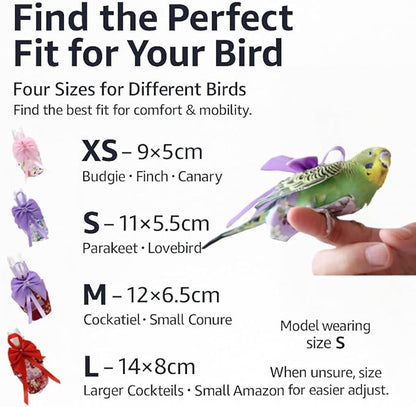 6pcs Bow Bird Diaper Set, Soft Reusable Flight Suit Clothing for Parrots Budgies Cockatiels — Cleaner Indoor Bonding & Training(M)