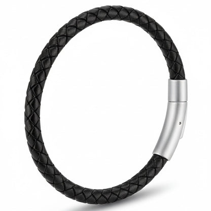 Leporem Black Braided Leather Bracelet Premium 18K Plated Surgical Steel Push Lock Clasp Hypoallergenic Urban Jewelry Gift Black Medium 7.5 Inch (Black, 7.5")