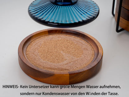 Acacia Wood Cork Coasters with Holder - Absorbent Rustic Cork Coasters for Coffee/Dining Tables & Desks - Set of 6, 4.13in Dark Brown