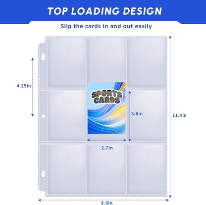 200 Pack 9 Pocket Trading Card Sleeve Pages,Page Protectors Card Sleeves Binder Sheets for 3 Ring Binder,Card Binder Sleeves for Baseball, Football, Game Sport Business Cards