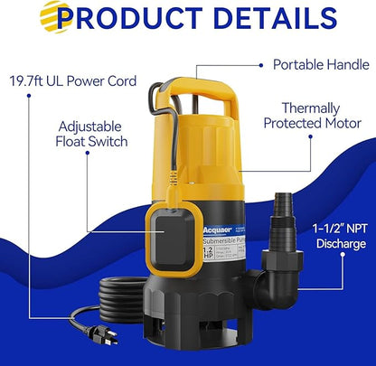 Acquaer 1.2HP Sump Pump 5722GPH Submersible Pump with Automatic Float Switch, Clean/Dirty Water Removal for Basement, Hot Tub, Pools, Garden Pond