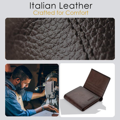 VANNANBA Men's Leather Trifold Wallet with Folded ID Windows,12 Card Slots & 2 Note pockets(Dark Brown)