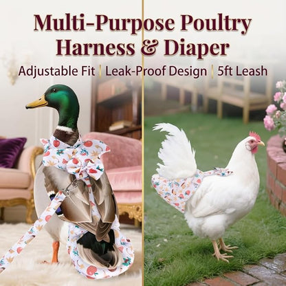 Duck & Chicken Harness with Diapers – Washable Adjustable Elastic Nappy for Poultry (Goose, Hen, Duck) with 5-FT Leash, Comfortable & Leak-Proof (M)