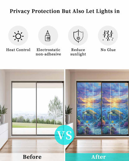 Sea Turtles Window Privacy Film Stained Glass Window Film Decorative Window Cover Static Window Cling for Glass Door Coastal Coral Tropical Fish Sunset Scenery Window Stickers for Bathroom 29.5"x78.7"