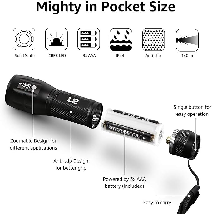 Lighting EVER LED Flashlights High Lumens, Small Flashlight, Waterproof, Adjustable Focus Flash Light for Outdoor, Emergency, AAA Batteries Included, Tactical & Camping Accessories