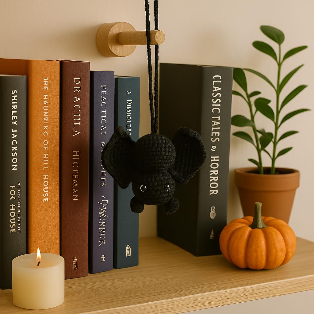 Handmade Bat Car Rearview Mirror Charm – Crochet Cute Amigurumi Halloween Ornament for Car, Backpack, Wall, Shelf – Spooky Fall Gothic Decor – Soft Plush Style
