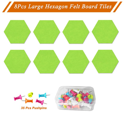 HULAVO Large Hexagon Felt Cork Board Tiles, Self Adhesive DIY Felt Bulletin Board Pin Board with 35 Pushpins for Office School Home Wall Decor Stickers Memos Photos Display(Bright Green)