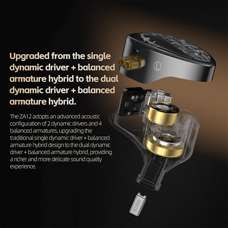 KZ ZA12 in Ear Monitor, 2DD+4BA Hybrid Wired Earbuds, KZ in Ear Monitor, Gaming Earbuds,Silver-Plated IEM Cable for Audiophile (No Microphone, Matte Black)