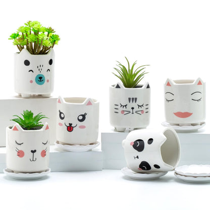 B SEPOR Set of 6 4.25inch Small Ceramic Animal Succulent Planter Porcelain Pots for Baby Succulant with Drainage and Bamboo Tray for Window Sill(Squatting Cats)
