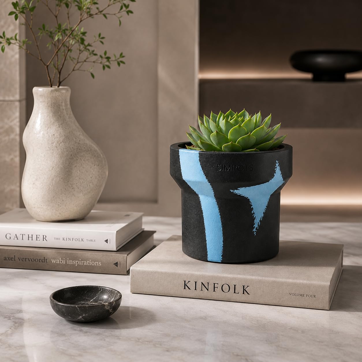 ONE ART Modern Planter Pot, Stone & Recycled Ocean Plastic, Frost Proof Indoor Outdoor Plant Pot for Succulents Flowers Herbs, Unique Hand-Finished Pattern, Lightweight Minimalist Decor (Medium)