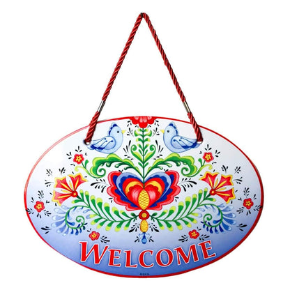 "Welcome Friends" with Attractive Lovebirds & Rosemaling Motif Welcome 11x8" Ceramic Door Sign by E.H.G.