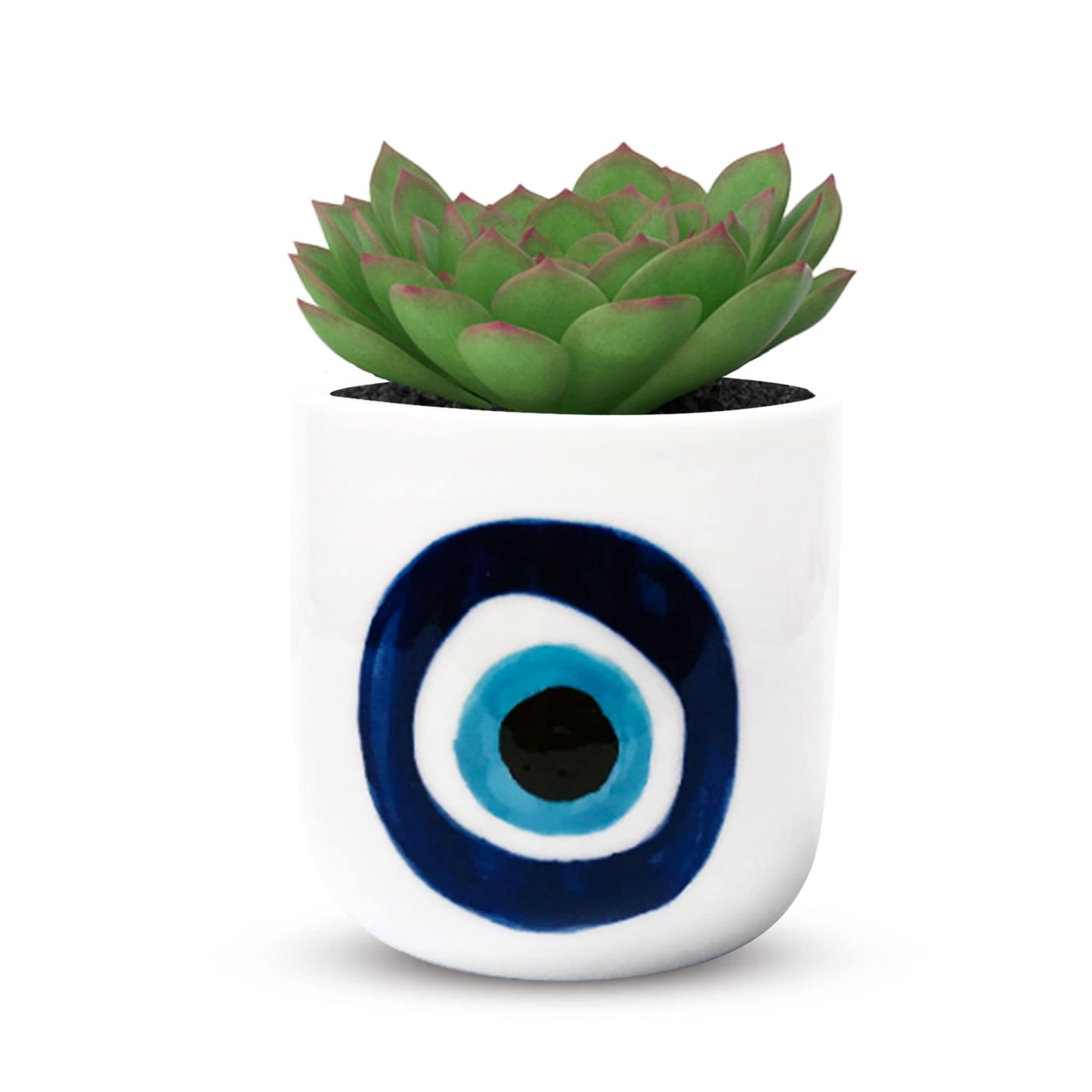 SLS SUPPLY FLORA - Modern Table Top Planter, Small Plant Pot for Home and Office, Hand-Painted Desk Planter, White Ceramic Pots for Plants and Succulents, Evil Eye Nazar Design