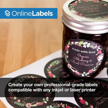 2.5" Round Labels - Permanent Adhesive, White Matte - Great for Candle and Jar Lids, Products, Favor Labels - Pack of 6,000 Circle Stickers, 500 Sheets - Inkjet/Laser Printers, OL350WX, OnlineLabels