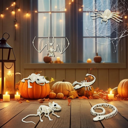 LUKBERA 6pcs Halloween Animal Skeletons, Bat Frog Scorpion Spider Snake Rat Skeletons for Halloween Party Haunted House Graveyard Scene Decoration