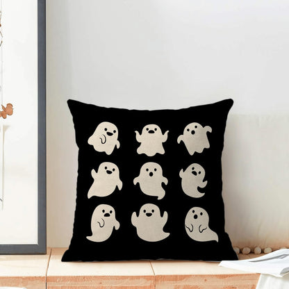 Sorktse Halloween Pillow Covers 18 x 18 Inch Set of 2 Cute White Ghost Throw Pillows Outdoor Decorative Holiday Black Pillowcases Linen Cushion Cases for Farmhouse Home Bed Sofa Couch