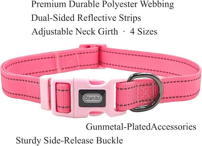 Dog Collar Leash Set, Durable Polyester with Safety Reflective Strips, 5 ft Matching Leash, Neoprene Padded Handle, Adjustable 4 Sizes for Small Medium Large Dogs.(M, Pink)
