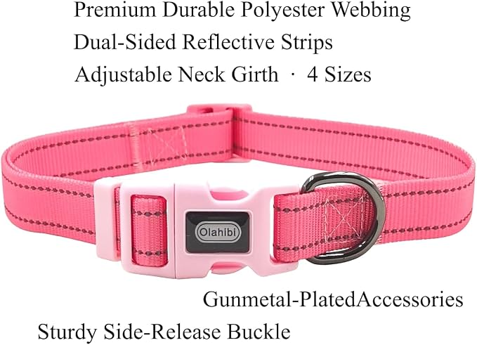 Dog Collar Leash Set, Durable Polyester with Safety Reflective Strips, 5 ft Matching Leash, Neoprene Padded Handle, Adjustable 4 Sizes for Small Medium Large Dogs.(L, Pink)